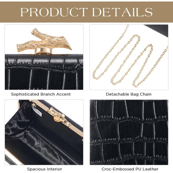 Women's Black Crocodile Leather Formal Evening Shoulder Clutch Chain Strap Bag - Picture 3 of 6